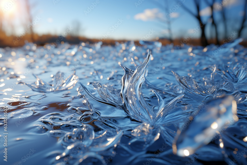Poster A scene of frost patterns casting delicate shadows on a frost-covered surface, adding depth and dimension.   Generative AI technology.