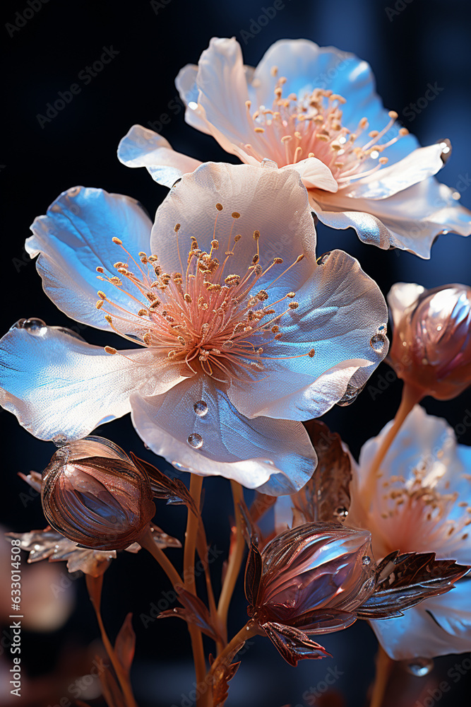 Poster an image of frost forming on the petals of a flower, enhancing its beauty with a glistening layer of