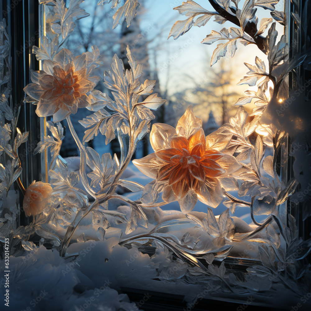Poster  An enchanting image of frost patterns delicately adorning a windowpane, creating a wintery masterpiece  Generative AI technology.