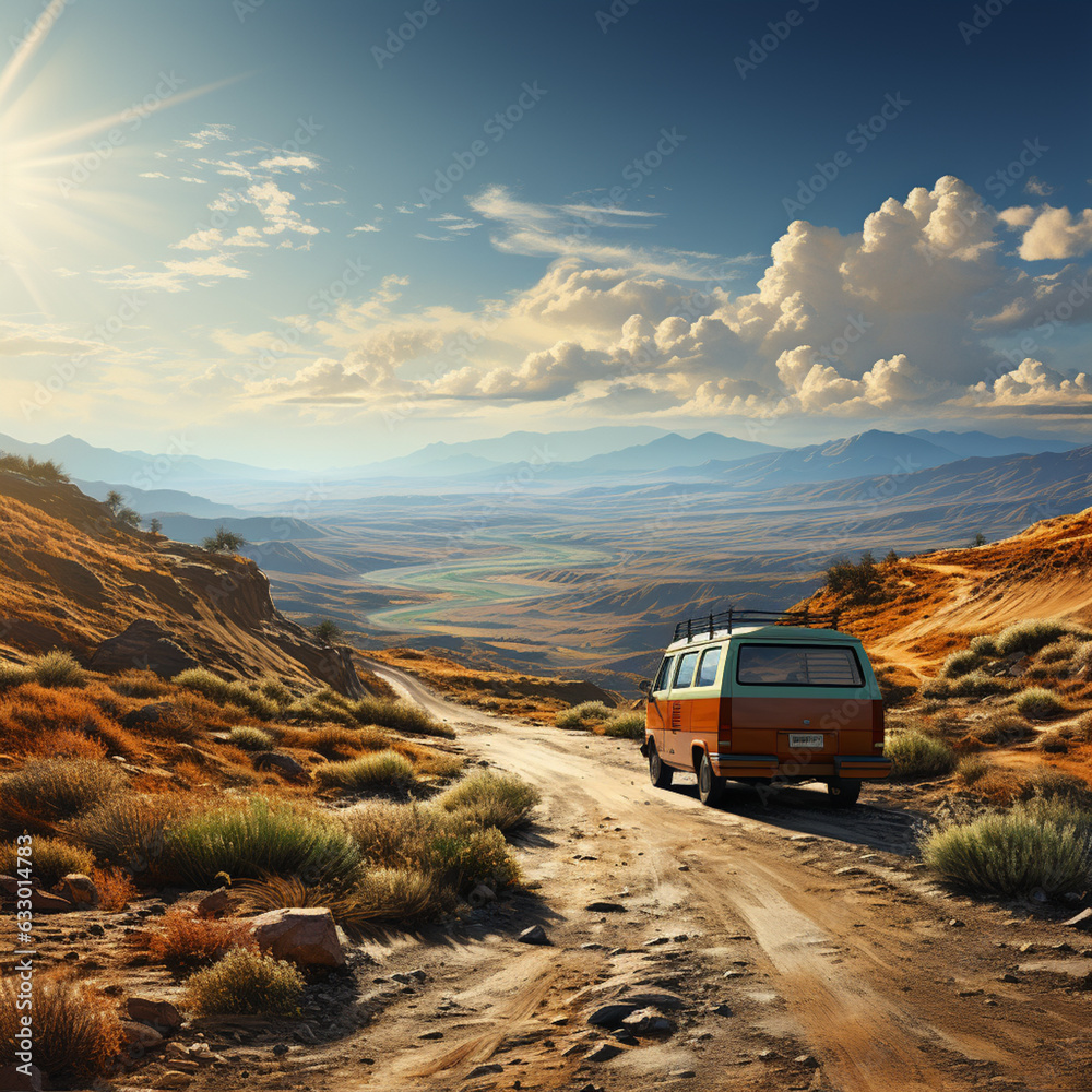 Poster a serene capture of a van parked at a scenic overlook, with expansive vistas stretching out in the b