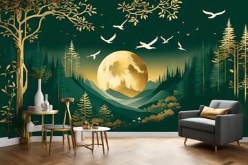 A mesmerizing 3D abstraction of a modern and creative interior mural wall art. The wallpaper features a serene forest scene in dark green and golden hues. Majestic deer gracefully roam amidst the tree