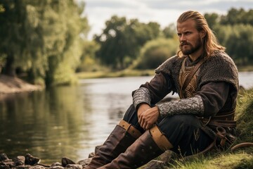 A Big Viking Resting near a Lake after Fighting.
