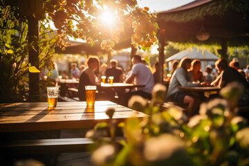 outdoor beer garden bar with people in golden hour sunshine  - Powered by Adobe