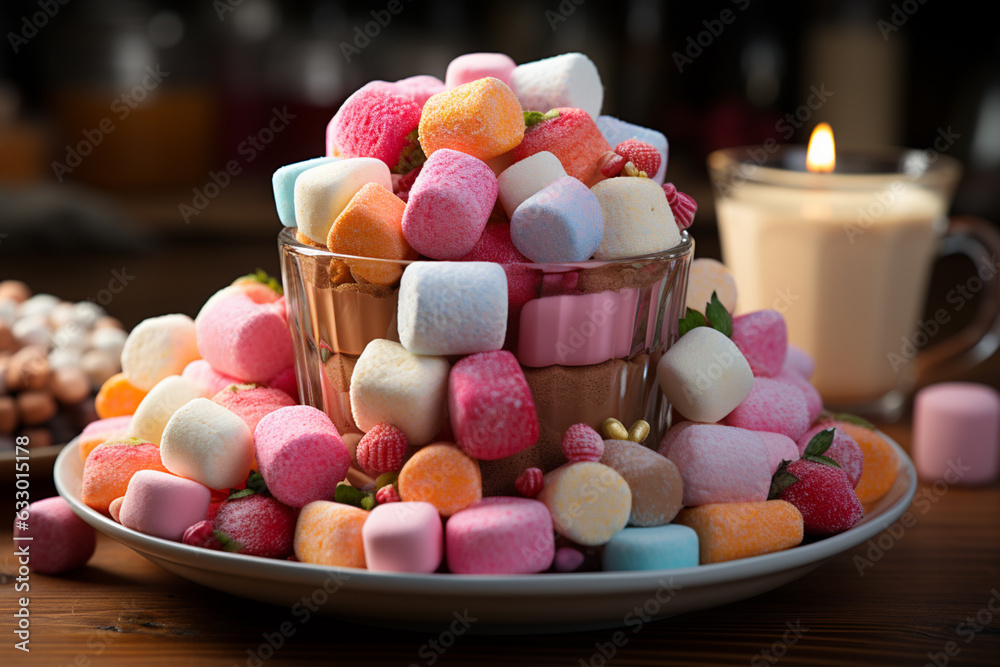 Poster  A creative arrangement of marshmallows cut into different shapes and sizes, showcasing their versatility in presentation.  Generative AI technology.