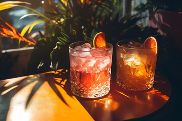 two lowball cocktails with orange garnish next to palm plant in golden sunshine 