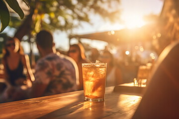 glass on wooden table in outdoor beer garden bar with people in golden hour sunshine 