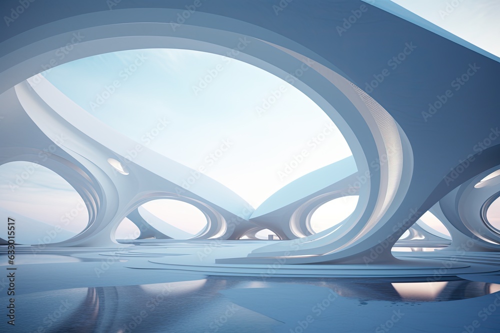 Poster this abstract design showcases futuristic architecture with circular concentric backgrounds and wave