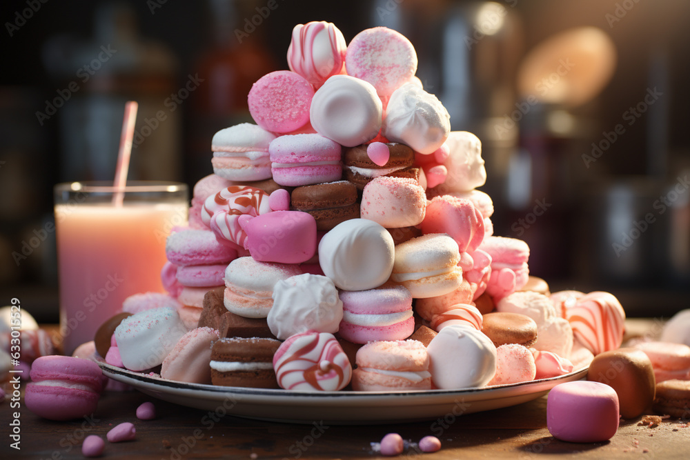 Fototapete an artistic composition featuring a tower of marshmallows stacked in a creative arrangement, highlig