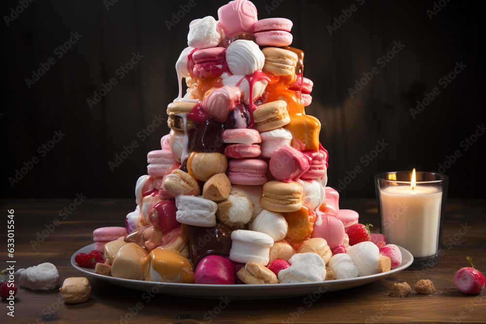 Poster an artistic composition featuring a tower of marshmallows stacked in a creative arrangement, highlig