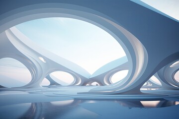 This abstract design showcases futuristic architecture with circular concentric backgrounds and wave like outdoor structures. The minimalist design incorporates futuristic technology, creating a