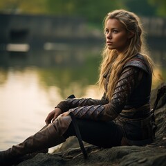 A Woman Viking Resting near a Lake after Fighting.