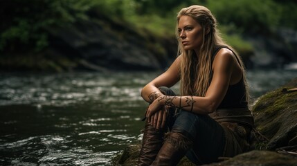 A Woman Viking Resting near a Lake after Fighting.