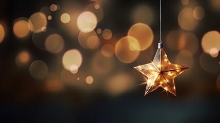 Golden christmas star on bokeh black background. Xmas card with gold star shining discretely on a dark wall setting. Seasonal greetings, invitation, festivity. Luxury.
