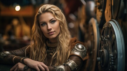 Vikings, Beautiful Woman dressed with Medieval Clothes, Long Hair.