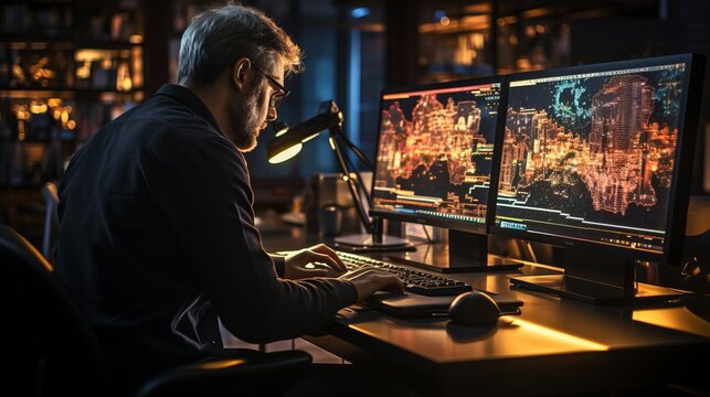 A Male IT Specialist Sits In Front Of Monitors With Many Lights. Profession Of A Developer Or Tester Of The Future. Illustration On The Theme Of Working From Home At The Computer.