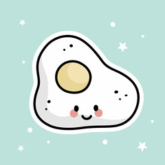 Cute Kawaii Sunny Side Up Fried Egg is isolated on a green background. Vector - Illustration.