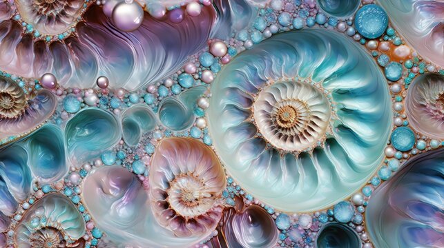 Seamless texture of Pearlescent ocean ammonite, soft pastel color shades, abstract fossil pattern, macro closeup fractal details, seashell mollusk spirals - generative ai
