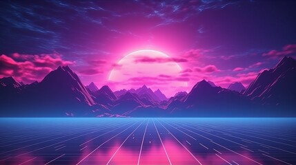 Illustration of a surreal futuristic landscape with pink sun and towering mountains