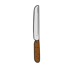 A hand-drawn cartoon sharp knife with a wooden handle on a white background.
