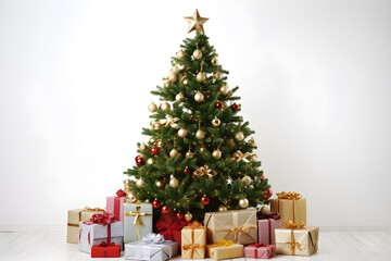 Fototapeta na wymiar christmas tree with colorful balls and gift boxes over white wall