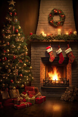 christmas tree with fireplace and stockings for xmas promotion