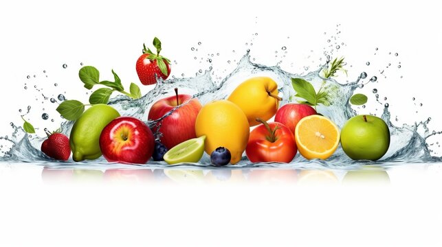 Illustration of juicy fruits being splashed with water