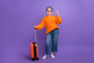 Full body photo of friendly old woman showing hi symbol greeting v sign valise passenger immigrant...