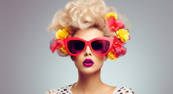 funny fashion model in sunglasses , portrait on light background