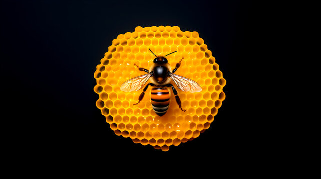 The bee is sitting on top of an orange honeycomb on black background - GenerativeAI
