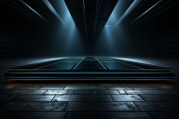 An imposing black platform display stands vacant in a dark room, commanding attention through its stark contrast and captivating presence