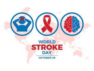 World Stroke Day poster vector illustration. Red awareness ribbon, human brain and head silhouette round icon set vector. October 29 every year. Important day