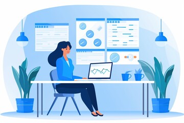 Fototapeta premium Project manager updating tasks and tracking milestones on Gantt chart while businesswoman works on laptop.
