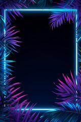 Tropical leaves with neon frame for background, palm leaves in blue and purple gradient, Generative AI