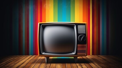 Illustration of a vibrant old television tv from 70s on rainbow background