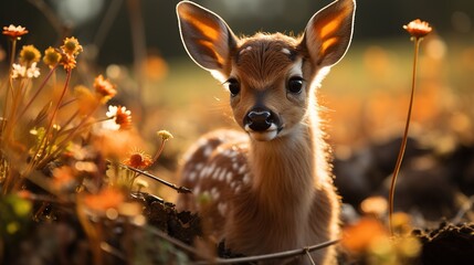 baby deer bambi in the grass in summer on a sunny day - obrazy, fototapety, plakaty