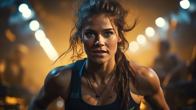 active sports woman in sport clothes workout, sport banner with copy space