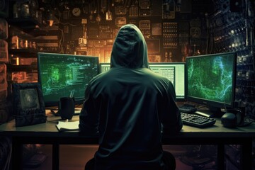 Rear view of the man in a hoodie sitting in front of computer.
