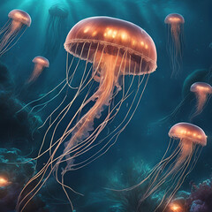 Bioluminescent jellyfish light up underwater realm's depths. 🌊🎆 #FantasyArt