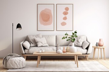 Fototapeta na wymiar Create a modern home decor by designing a Scandinavian interior for the living room. Incorporate a wooden console, arrange rings on the wall, place a mock up poster frame, display flowers in a vase