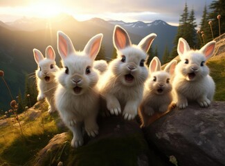 Naklejka na ściany i meble Several rabbits take a group selfie