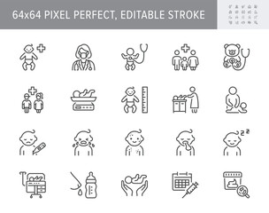 Pediatrics line icons. Vector illustration include icon - incubator, breastfeed, stethoscope, colic, massage, chickenpox, rash outline pictogram for baby care. 64x64 Pixel Perfect, Editable Stroke