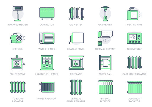 Heaters line icons. Vector illustration include icon - electric fireplace, pellet stove, thermostat, convector radiator outline pictogram for interior climate. Green Color, Editable Stroke