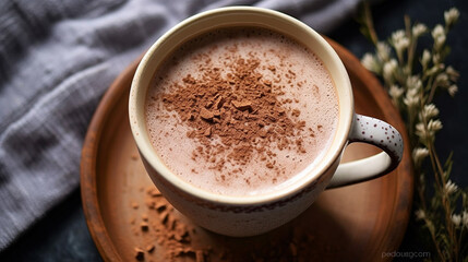 Hot coffee cappuccino mug with cinnamon powder sprinkle on top milk foam on dark wood table blurred background, generative ai