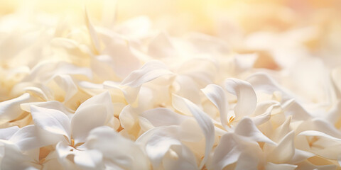 A soft-focus backdrop adorned with ethereal jasmine flowers captures the purity and beauty of nature. Delicate petals and vibrant yellow hues evoke feelings of warmth and romance - obrazy, fototapety, plakaty