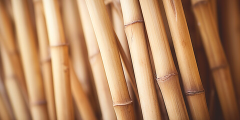 Organic beauty of stacked bamboo canes in close-up background. The textured effect and striped...