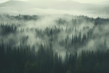 Enchanting Nordic wilderness of misty forest backdrop. The abstract landscape with towering pine trees, mysterious fog, and serene mountains. Tranquil and adventurous atmosphere.