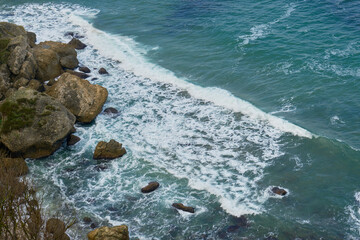 Rocky Hawaii seaside and blue sea.