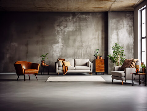 Grey room stone wall, home object lether chair and grey sofa with flwer in pot near window
