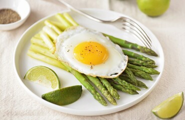 Boiled asparagus with fried egg and black pepper. Healthy breakfast
