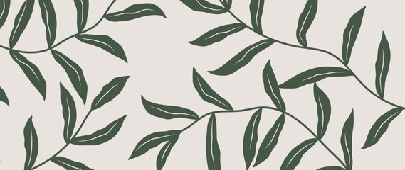 handmade leaf background. Botanical green wallpaper with branches and leaves. Design with simple lines and for banners, prints, wall art and home decor.